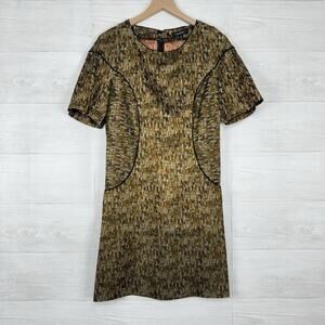 Cotelac Shift Dress Size 8‎ Textured Satin Brown Green Pleated Short Sleeves